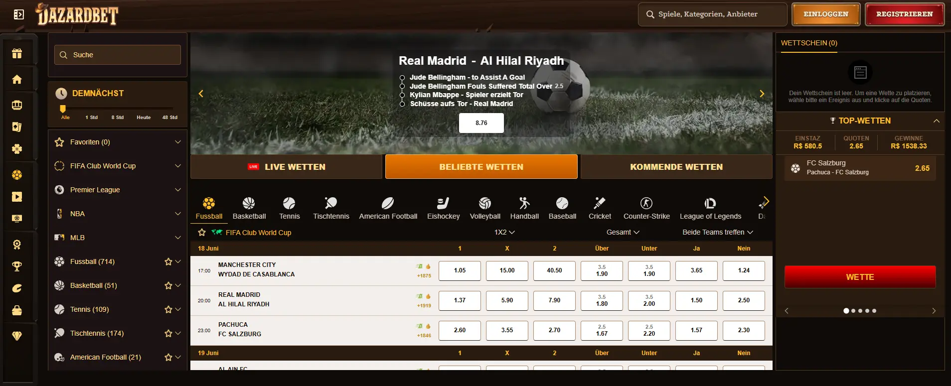 Dazardbet Sportwetten-Bereich mit Live-Wettoptionen