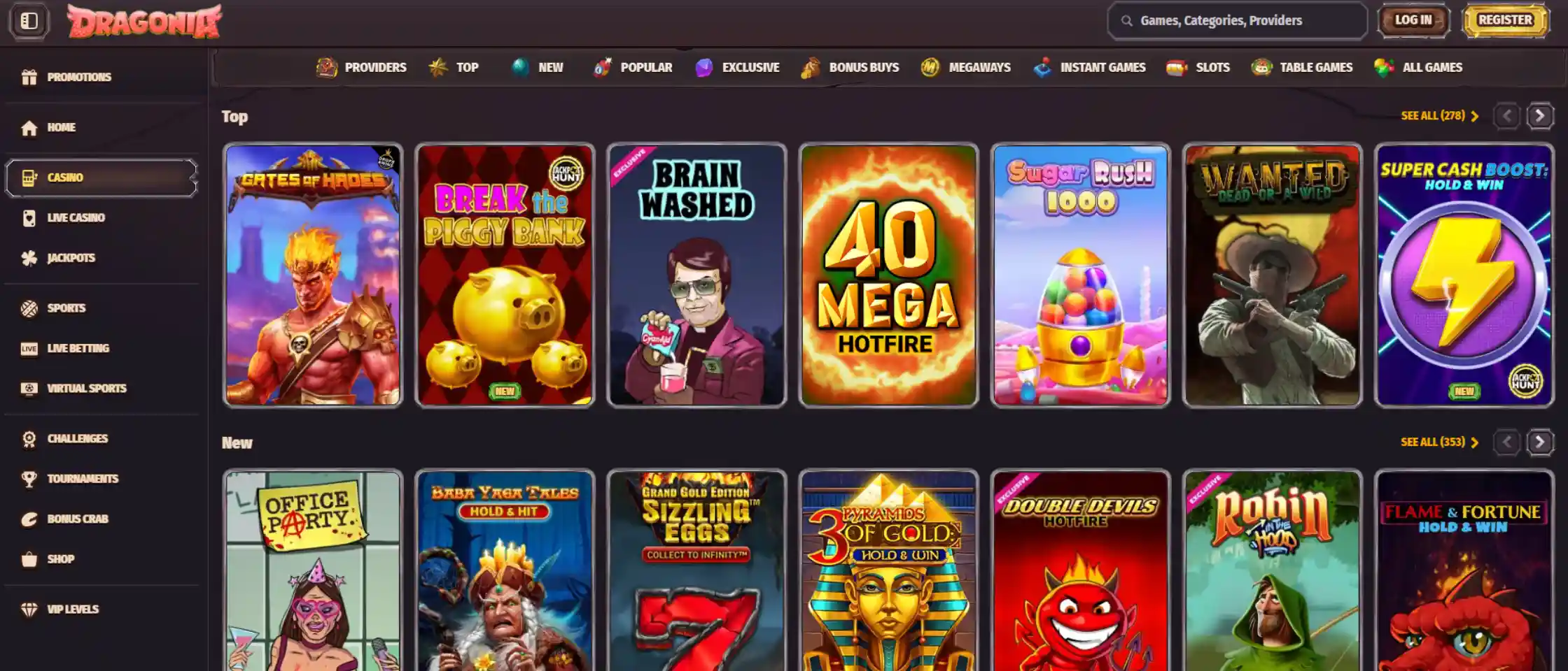 Dragonia Casino game library showcasing available slot and table game titles
