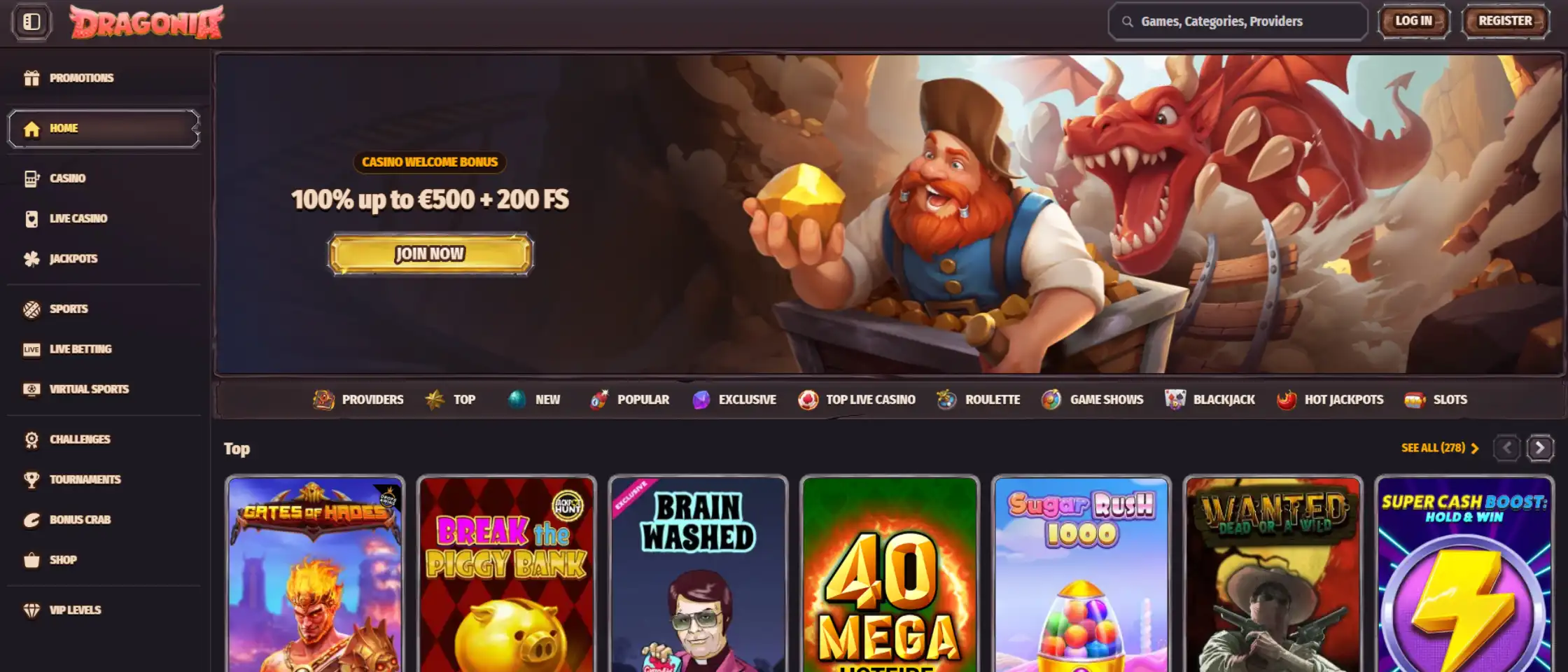 Dragonia Casino homepage displaying the main lobby and featured games