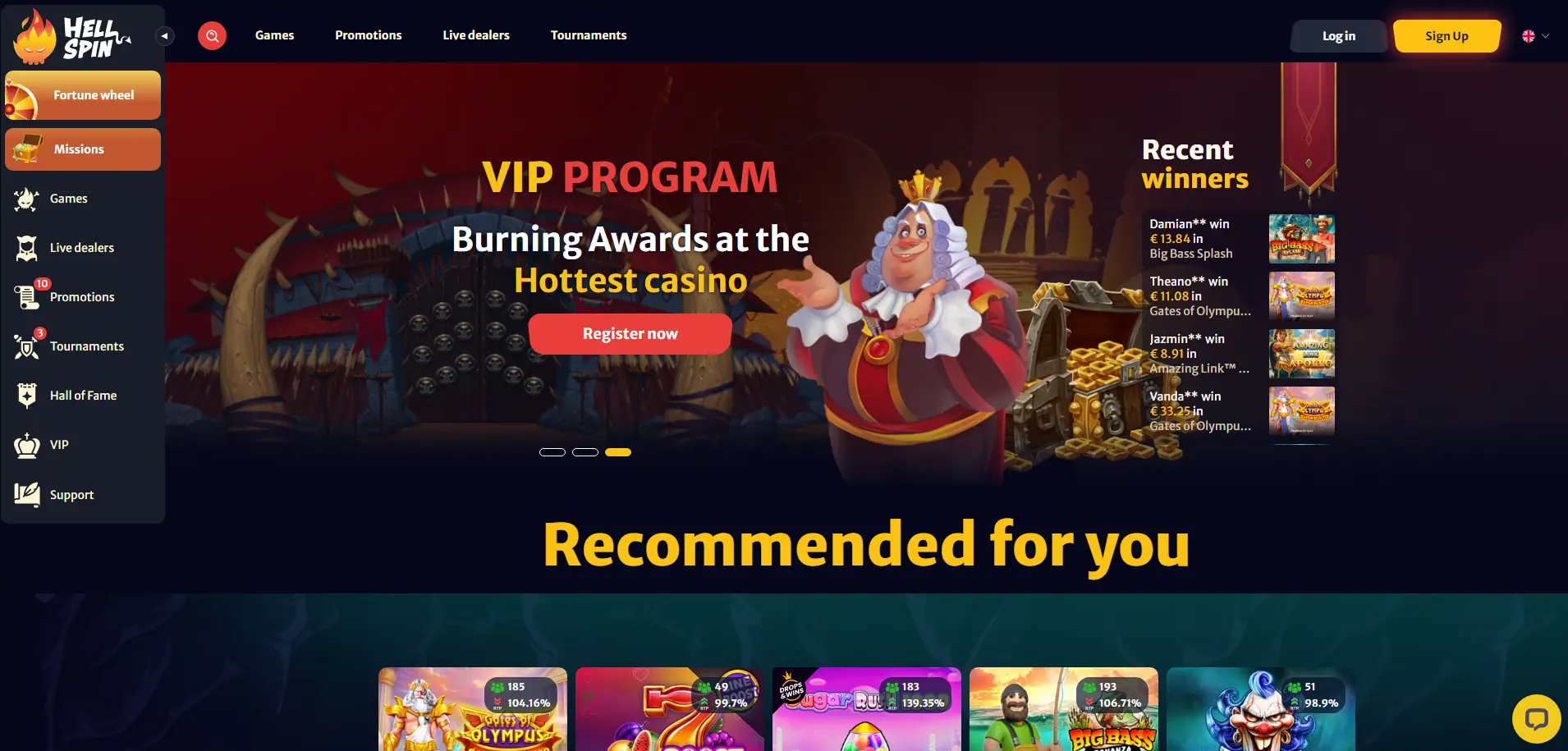 HellSpin Casino lobby showing VIP program banner, recent winners feed, sidebar game categories, and featured game recommendations.