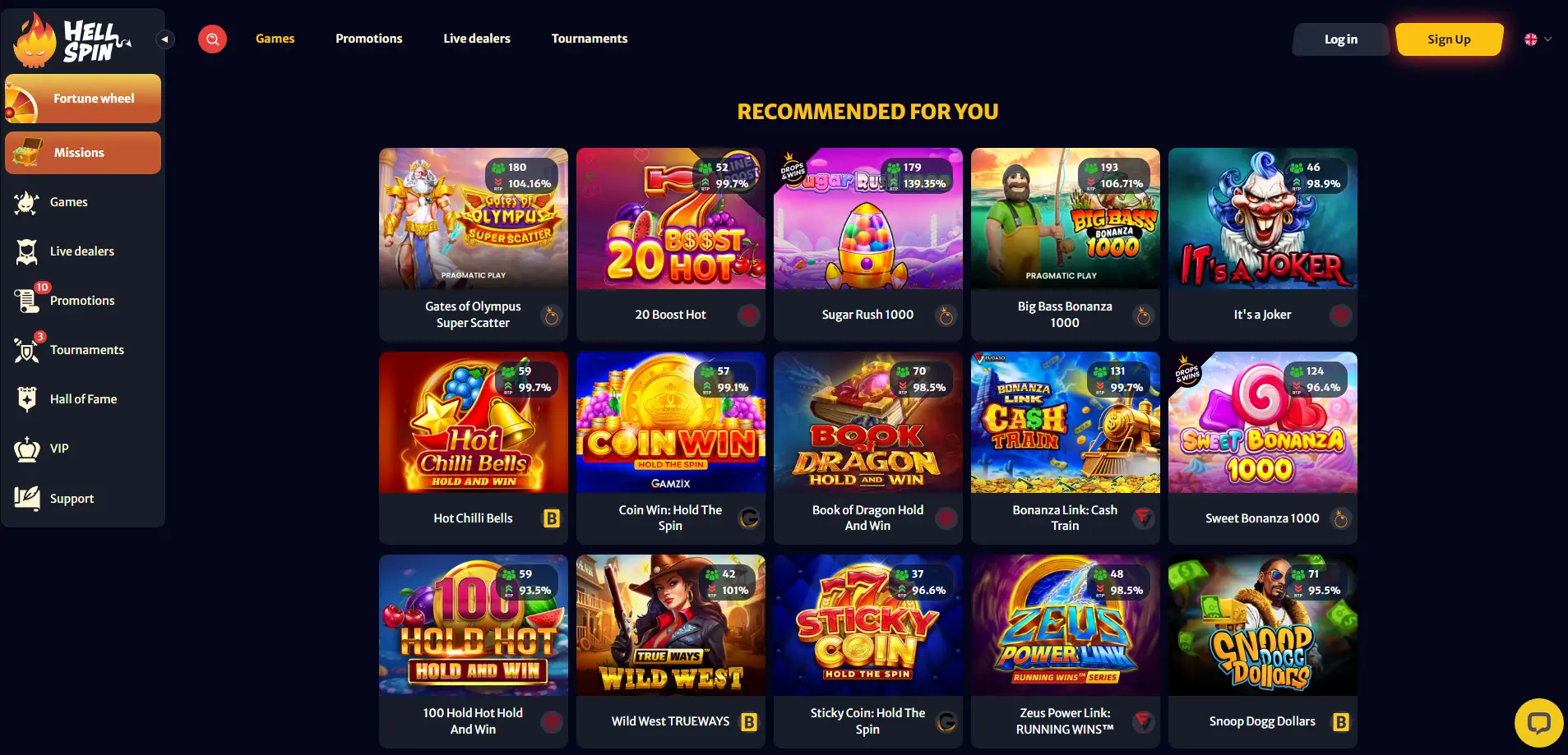 HellSpin Casino recommended games section displaying a colorful grid of top-rated slot titles with player ratings