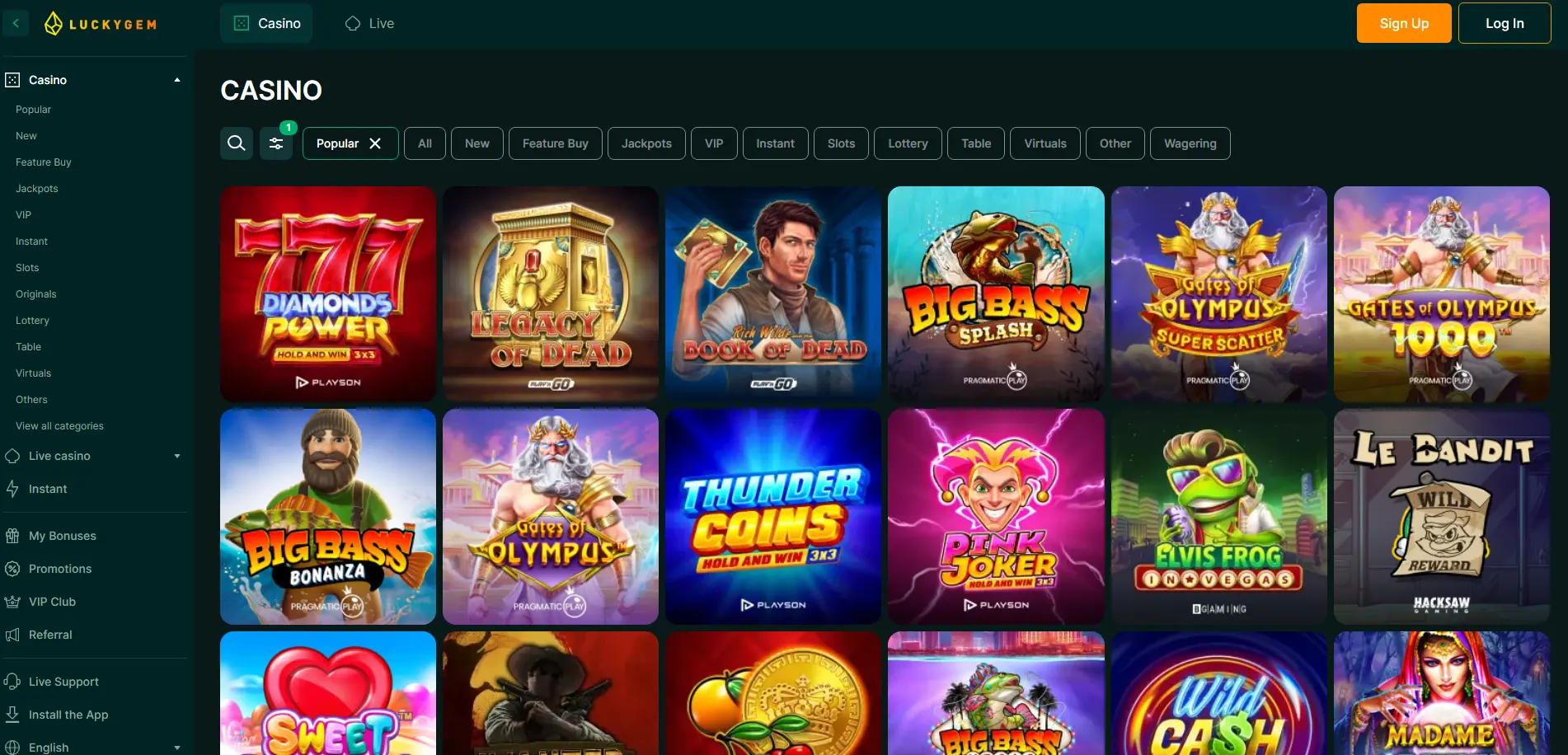 LuckyGem Casino lobby displaying a wide selection of slot game titles available to players
