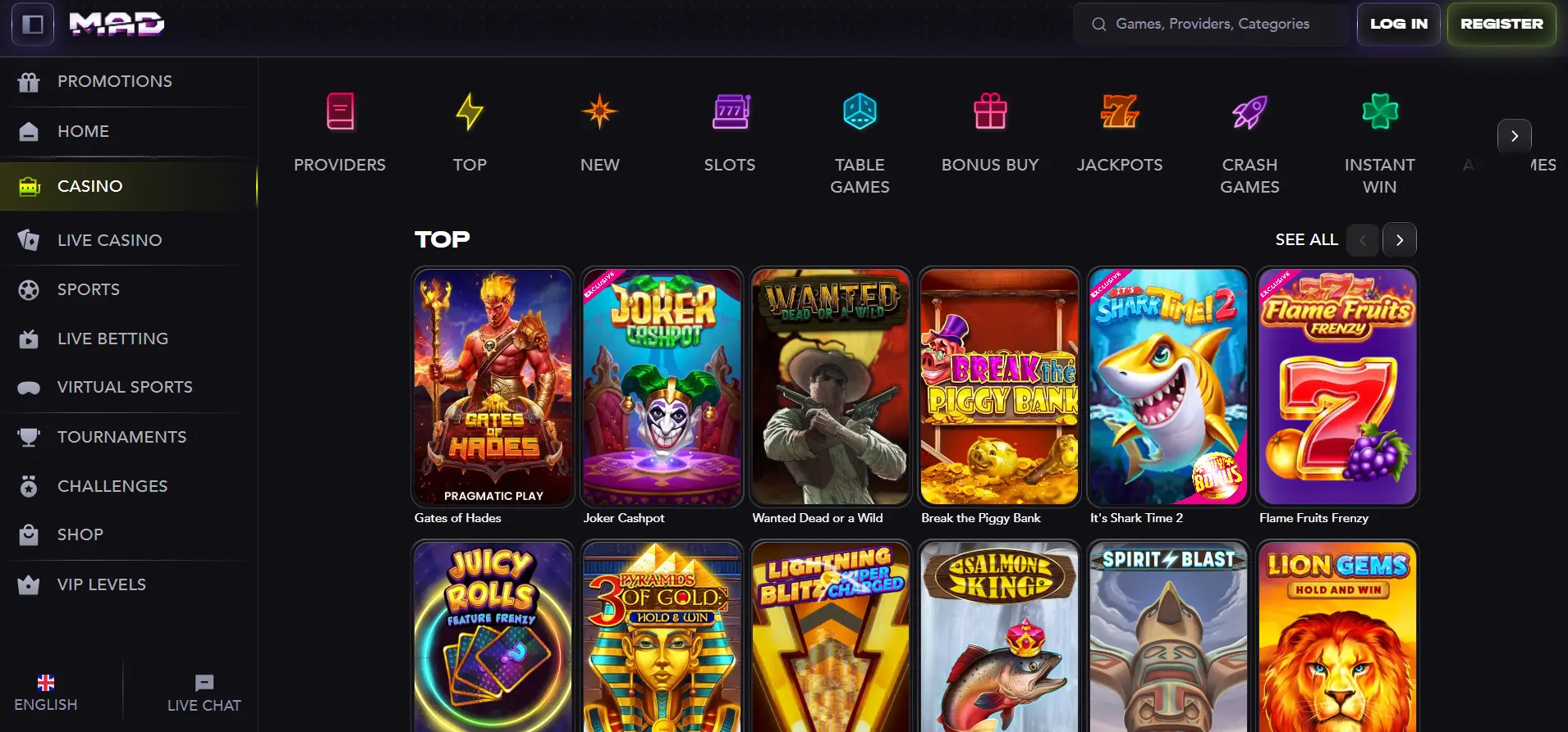 Madcasino game library page displaying top slot titles with sidebar navigation to Live Casino, Sports, and Tournaments, and top filters for Providers, New, Slots, Table Games, and Jackpots.