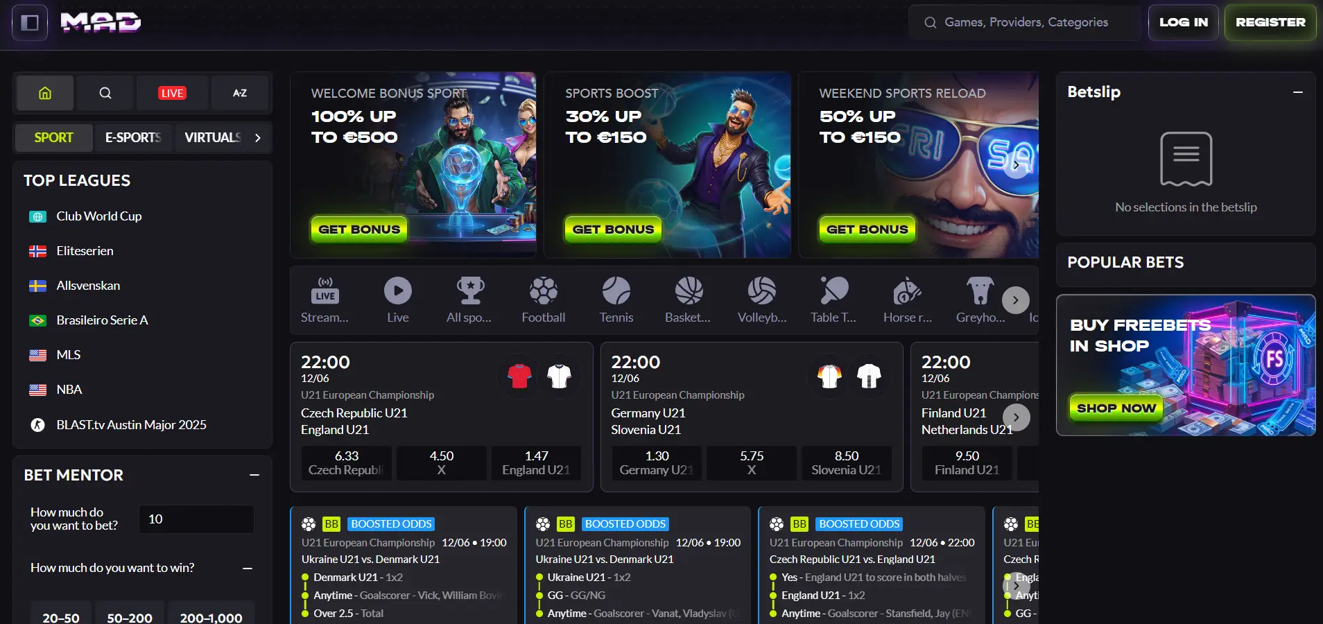 Madcasino sportsbook page showing upcoming U21 football fixtures with odds, popular leagues, a betslip sidebar, boosted odds panel, and a free bet shop promotion
