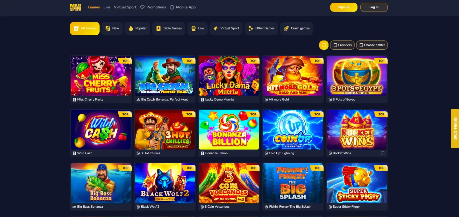 MaxiSpin Casino game lobby showing slot titles alongside category filters for New, Popular, Table Games, and Crash Games, with provider and additional filter toggles visible