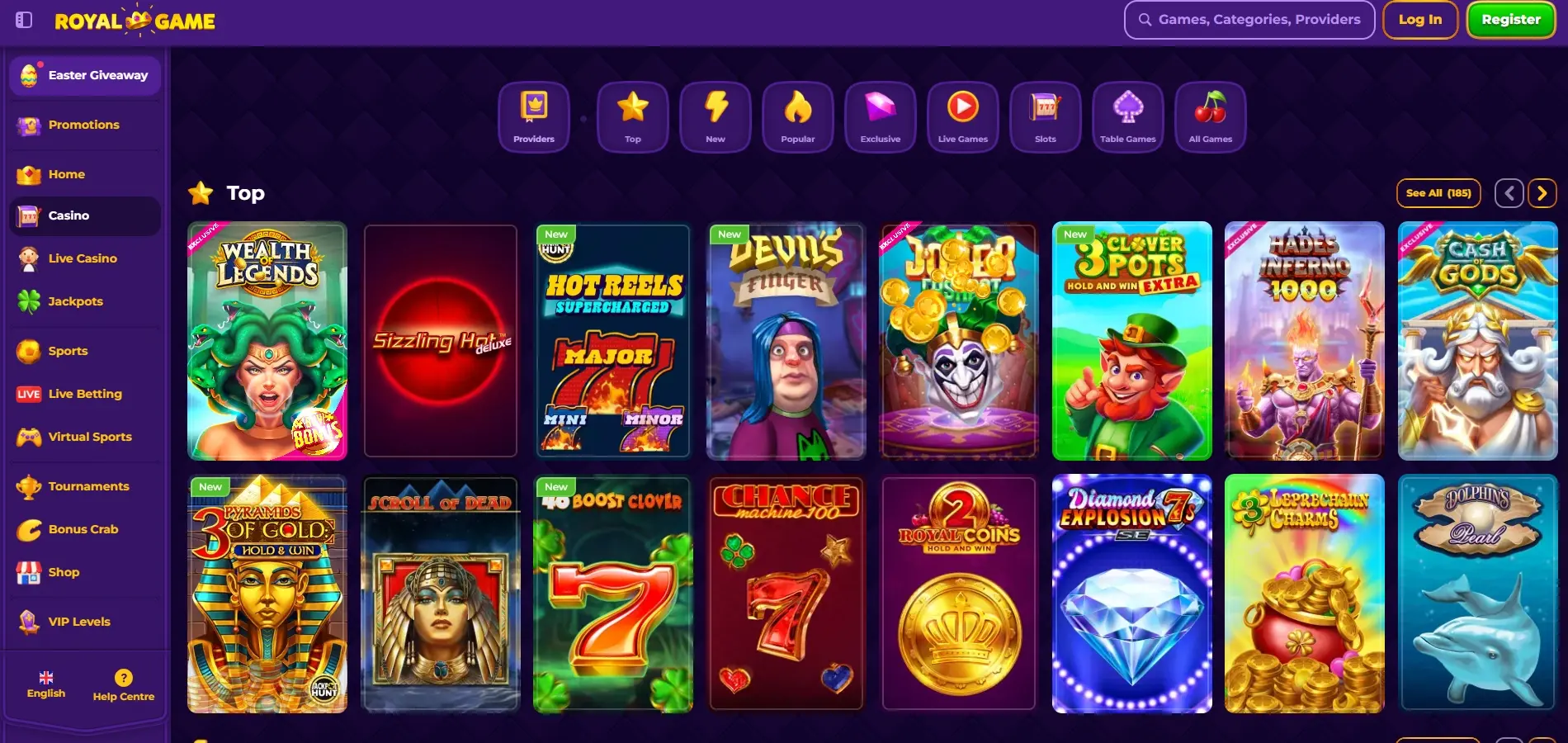 RoyalGame Casino game library showcasing colorful slot titles including Wealth of Legends and Hot Reels, with category navigation tabs for New, Popular, Live Games, and Table Games.