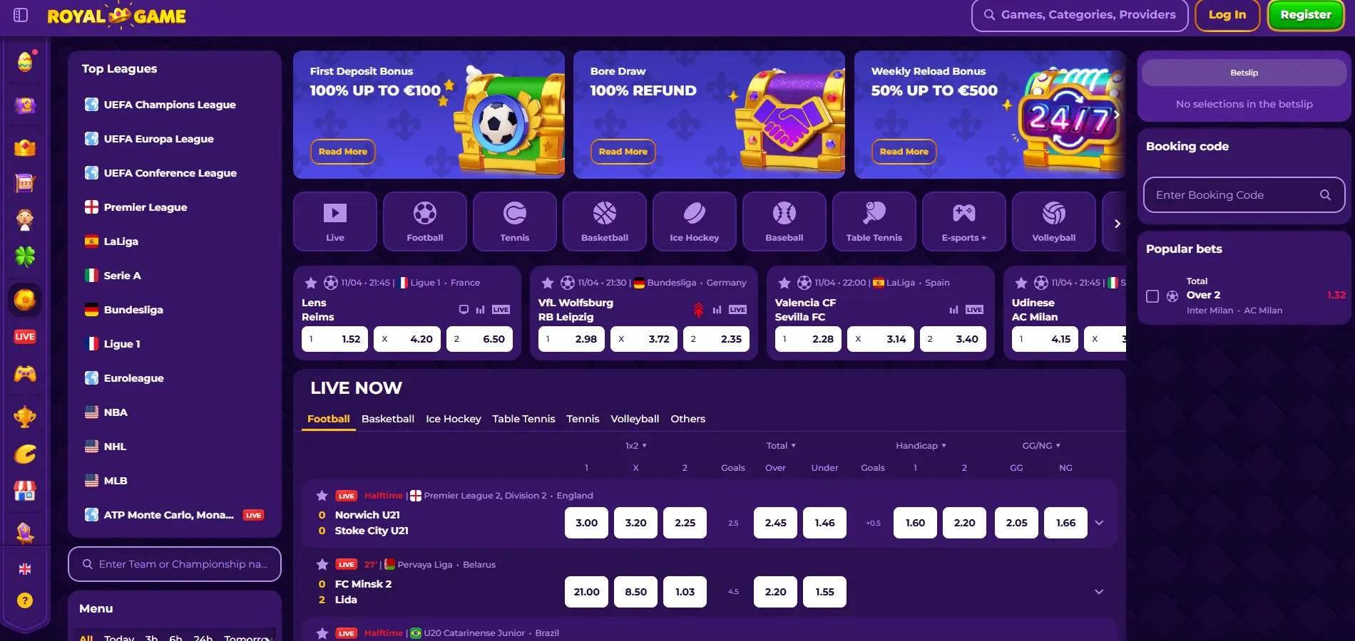 RoyalGame Casino sportsbook page showing live and upcoming matches from top competitions including UEFA, Premier League, and LaLiga, with real-time odds updates, betting markets, and active promotions.