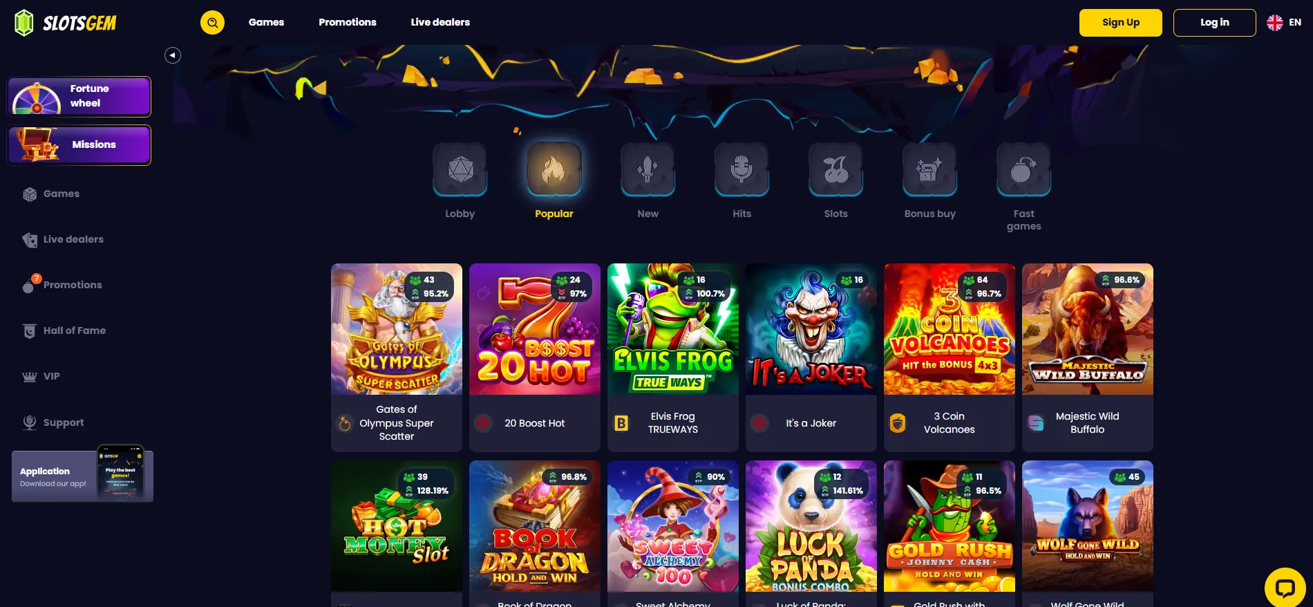 Slotsgem Casino game lobby displaying category filters including lobby, popular, new, hits, slots, bonus and fast games, with featured titles such as Gates of Olympus, 20 Boost Hot, and Elvis Frog visible on screen