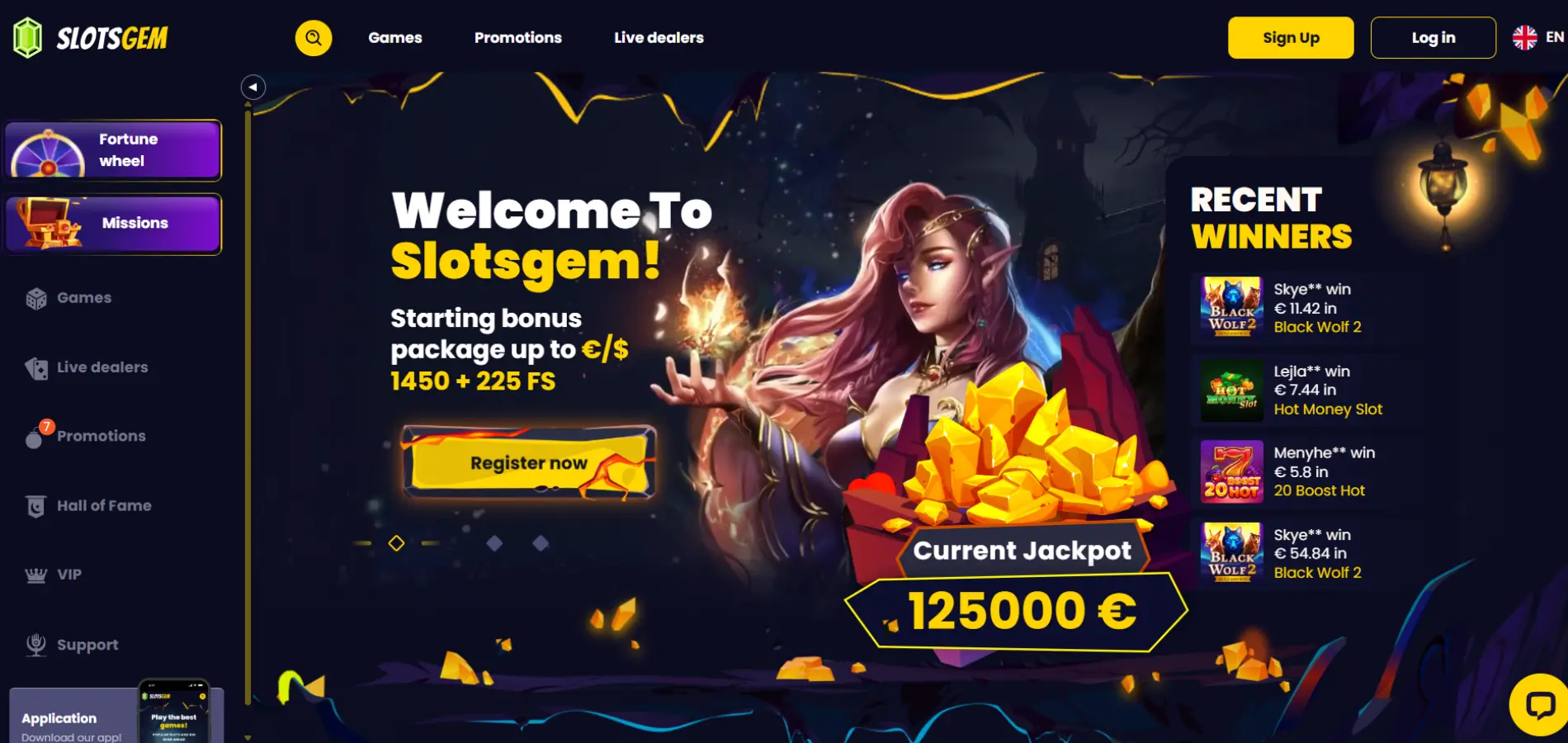 Slotsgem Casino homepage showing sign-up and login buttons, navigation menu, Games, Promotions and Live Dealers tabs, a welcome bonus of up to €1,450 plus 225 free spins, a jackpot display of €125,000, and a recent winners panel