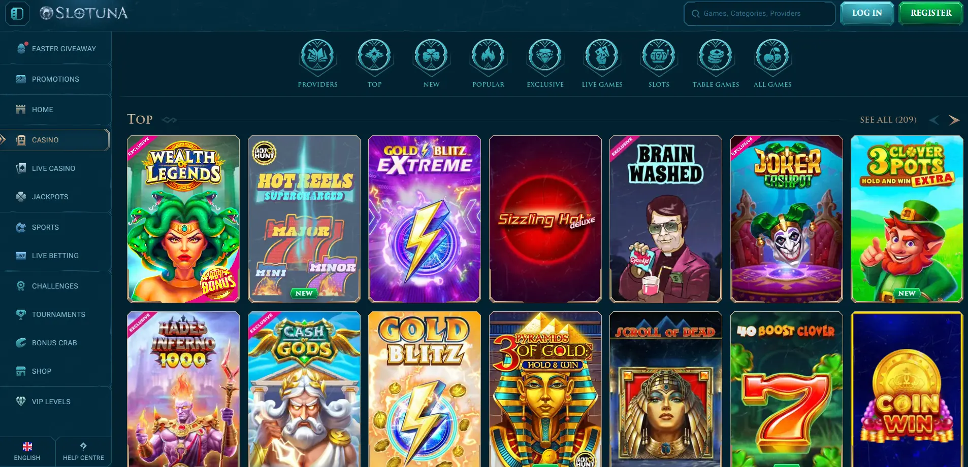 Slotuna Casino game library page displaying a wide grid of online slot and casino game thumbnails