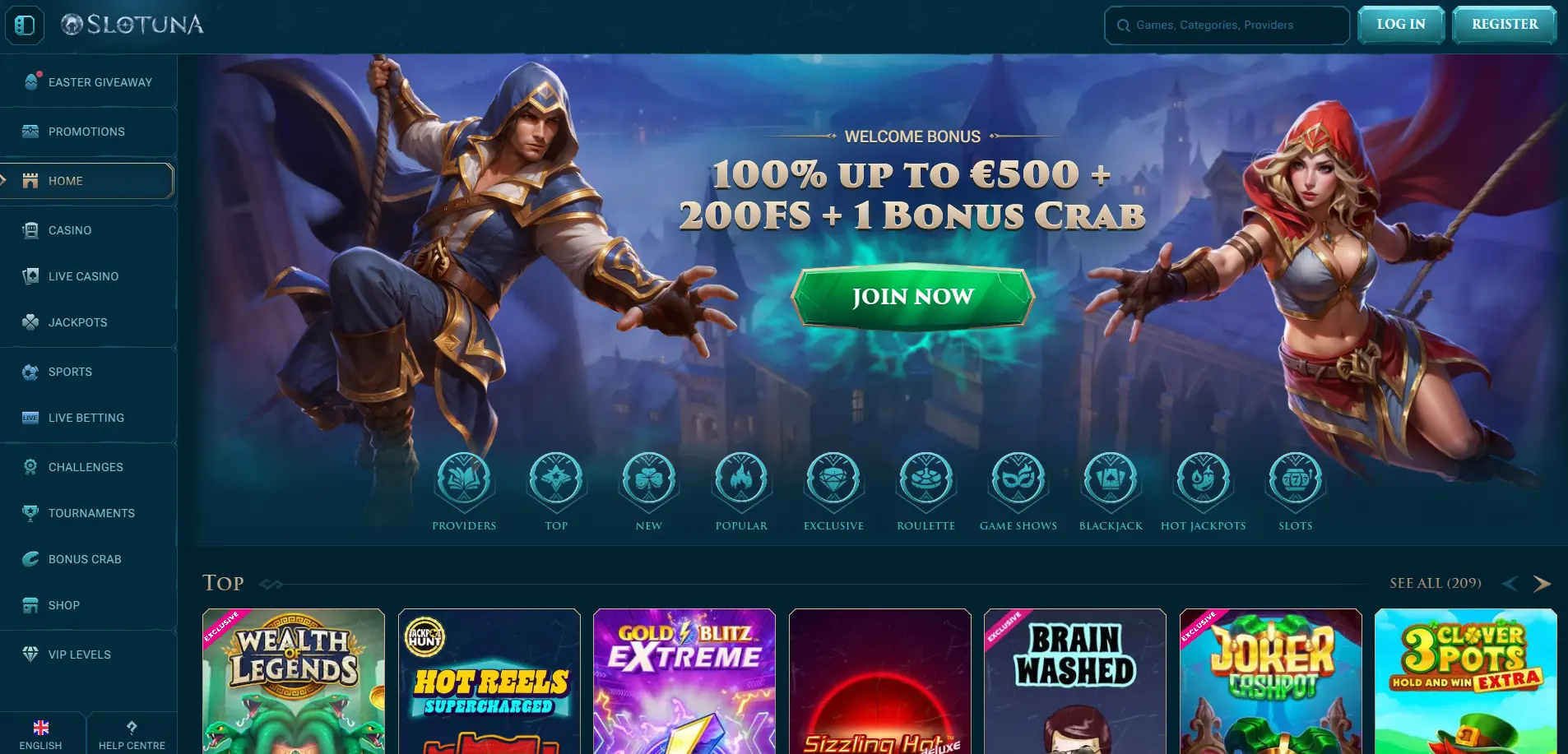 Slotuna casino homepage banner displaying a 100% welcome bonus up to €500 plus 200 free spins and 1 Bonus Crab alongside fantasy-themed characters