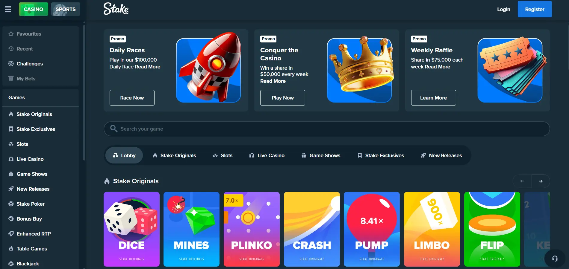Stake Casino game library overview featuring Stake Originals such as Dice, Plinko, and Crash alongside Daily Race, Weekly Raffle, and Conquer the Casino promotions