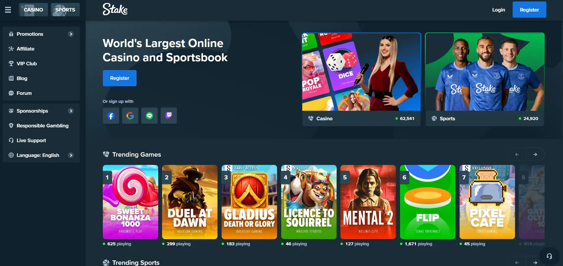 Stake Casino homepage showing navigation menu, casino and sportsbook sections, trending slots, live player statistics, and account registration options
