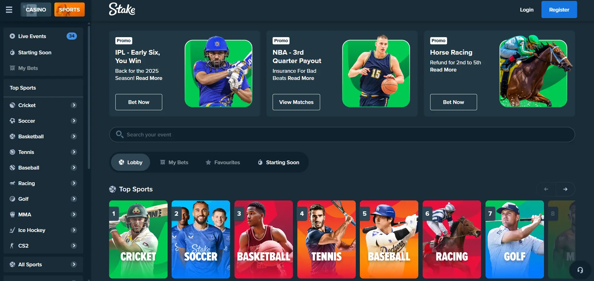 Stake sportsbook page showing active promotions for IPL, NBA, and horse racing alongside top betting categories including cricket, soccer, basketball, and tennis