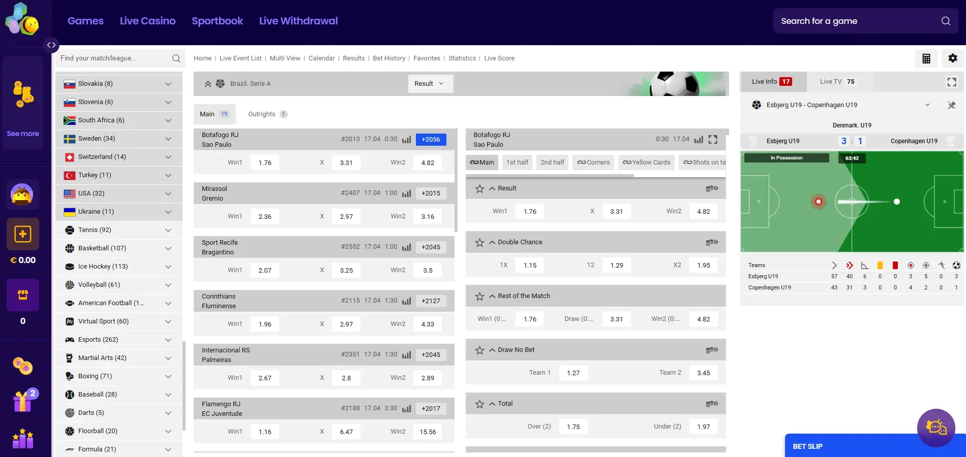Wazbee Casino sportsbook showing a live football match with real-time betting odds, sport and country filters in the sidebar, and a tactical pitch view with player positions