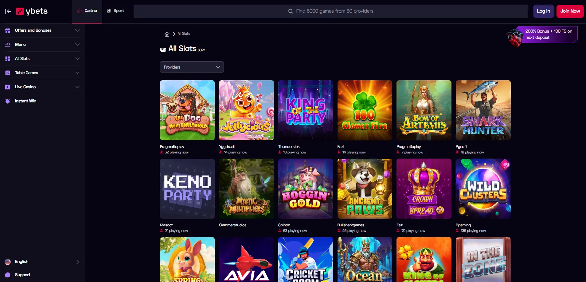 Ybets Casino game lobby in dark theme showing popular slot titles including Dog House Megaways and Wild Clusters with provider details and live player activity.