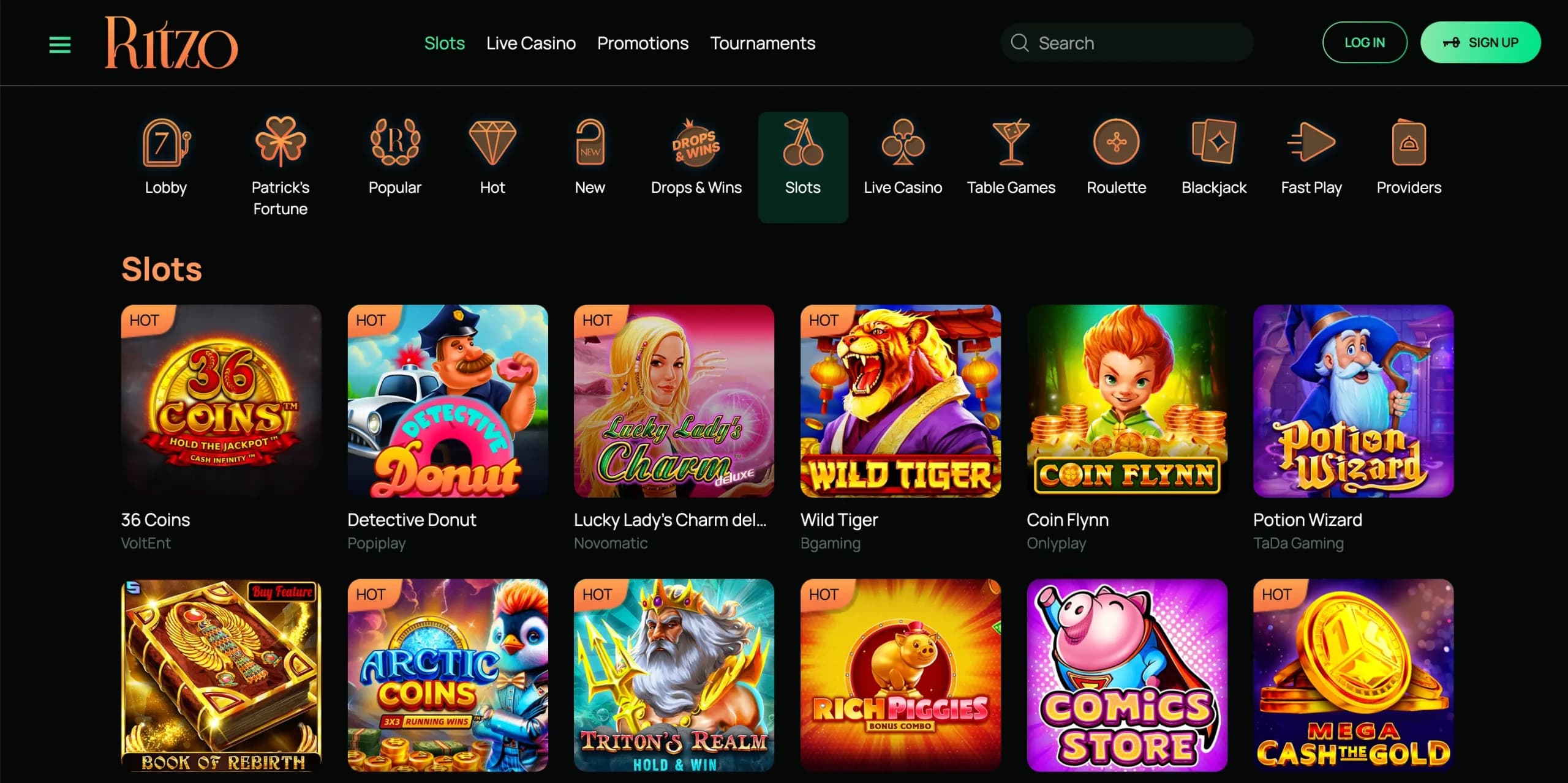 Popular slot games available in the Ritzo Casino lobby including video slots and Megaways titles.