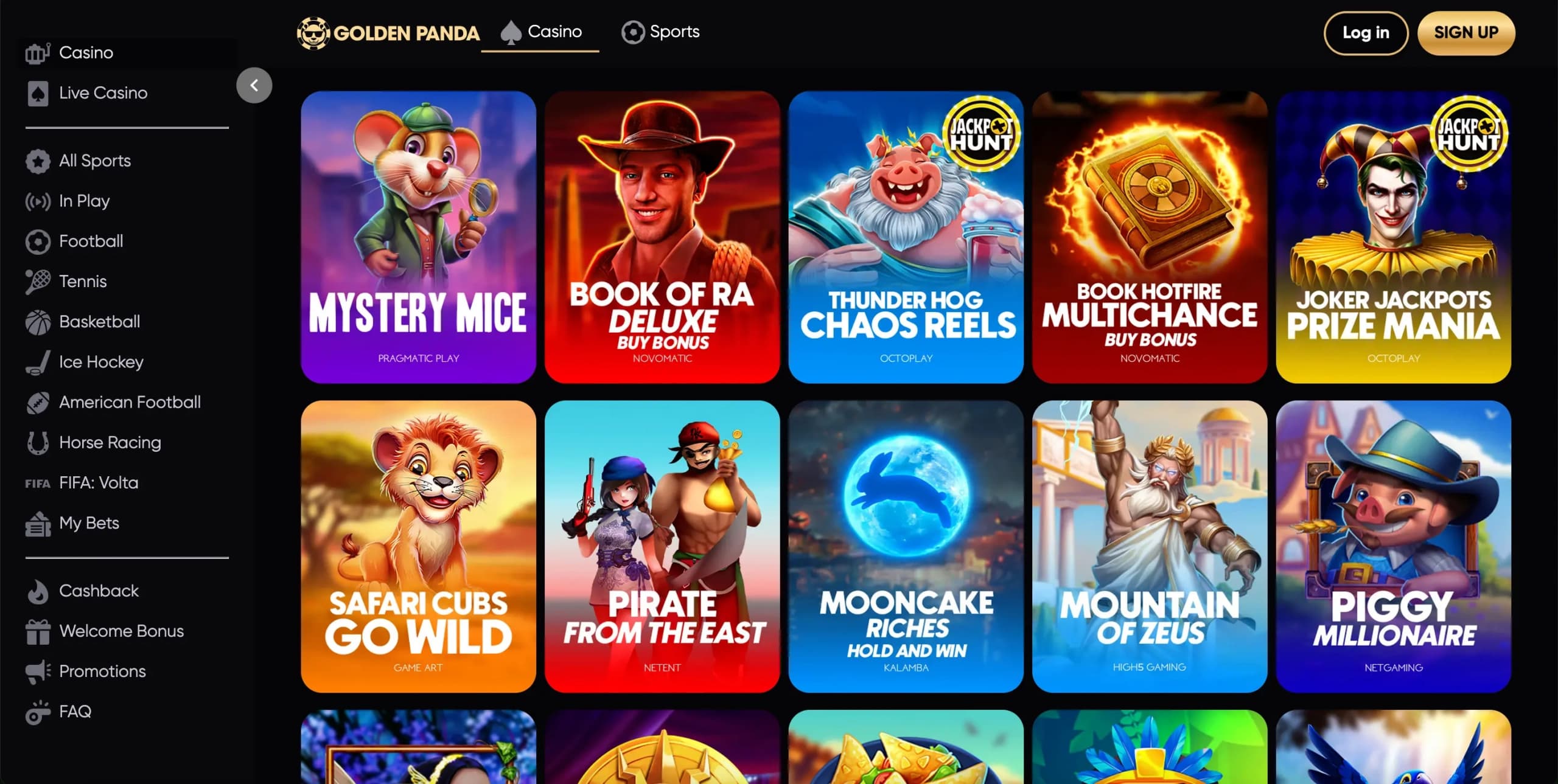 Wide selection of online slot games available at Golden Panda Casino