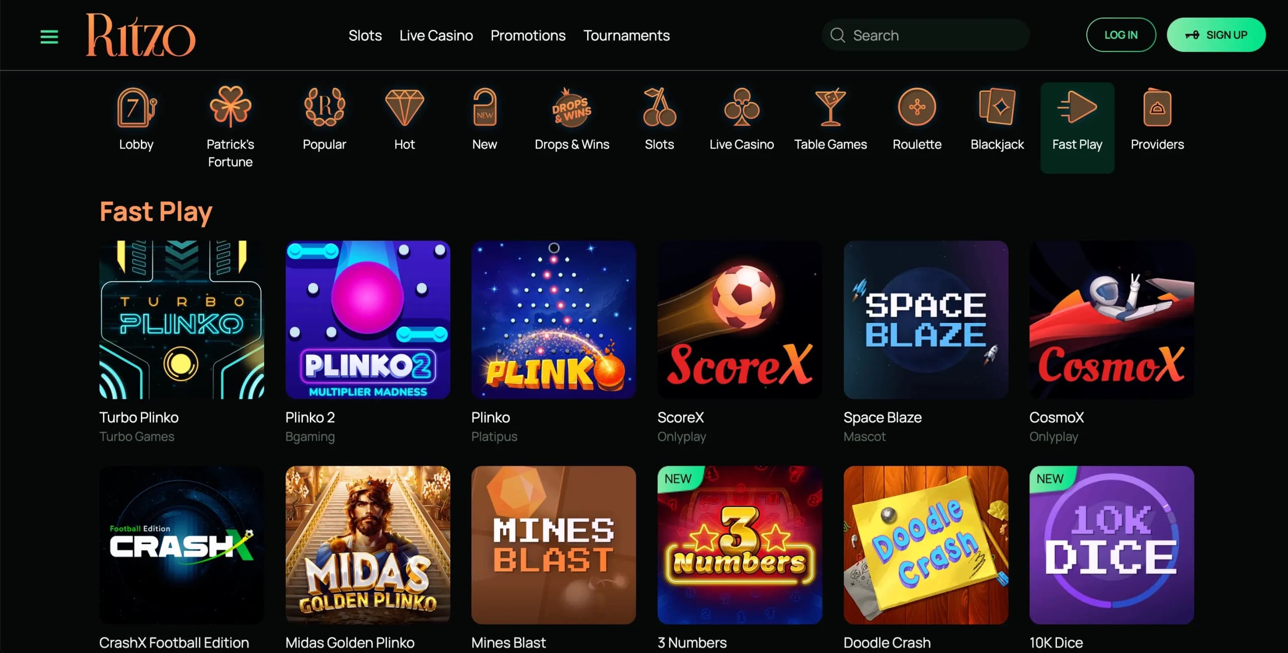 Ritzo Casino specialty games section featuring bingo, keno, scratch cards, and crash game titles.