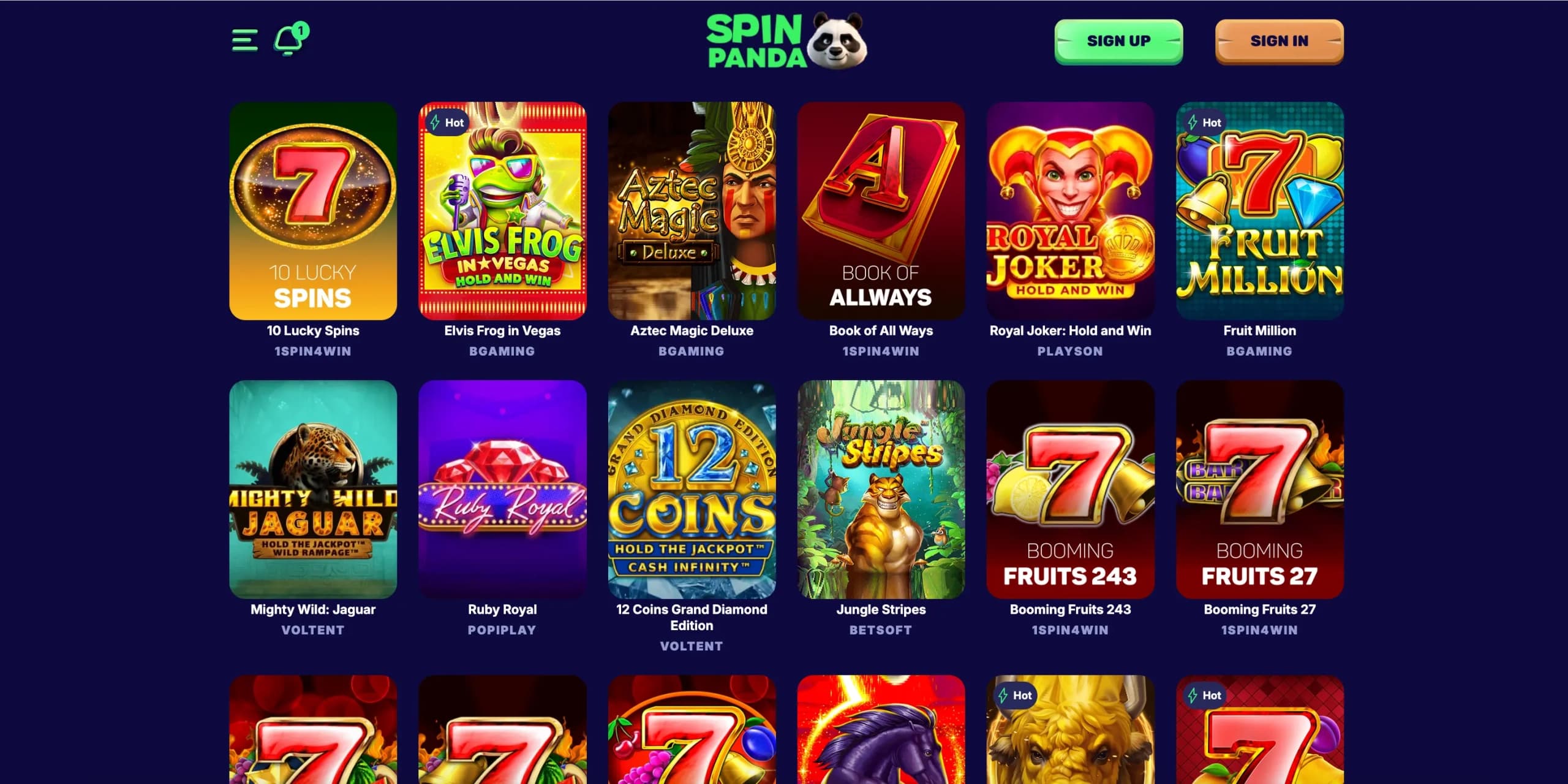 Wide selection of slot games available at SpinPanda Casino including Megaways and jackpot titles