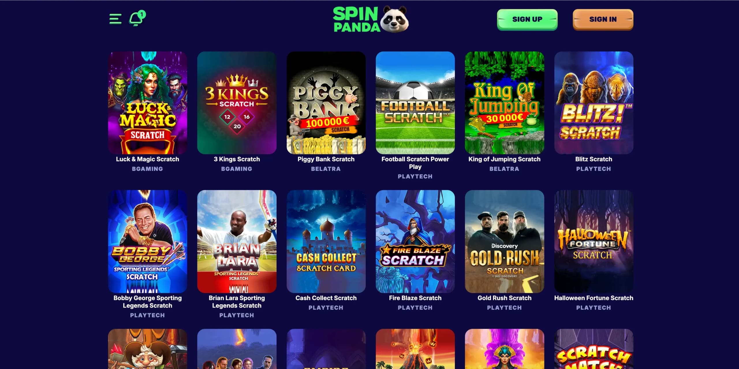 SpinPanda Casino specialty games including scratch cards, keno, bingo, and fast play titles