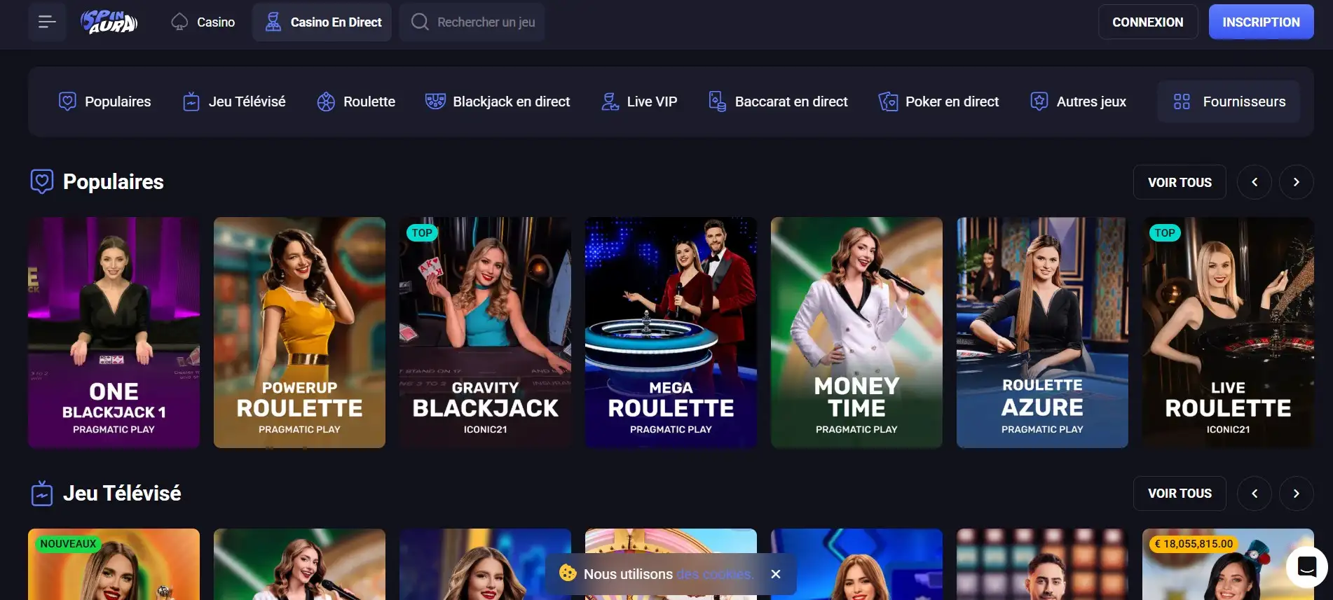 Section casino en direct de SpinAura avec tables de jeux animées par de vrais croupiers en temps réel.