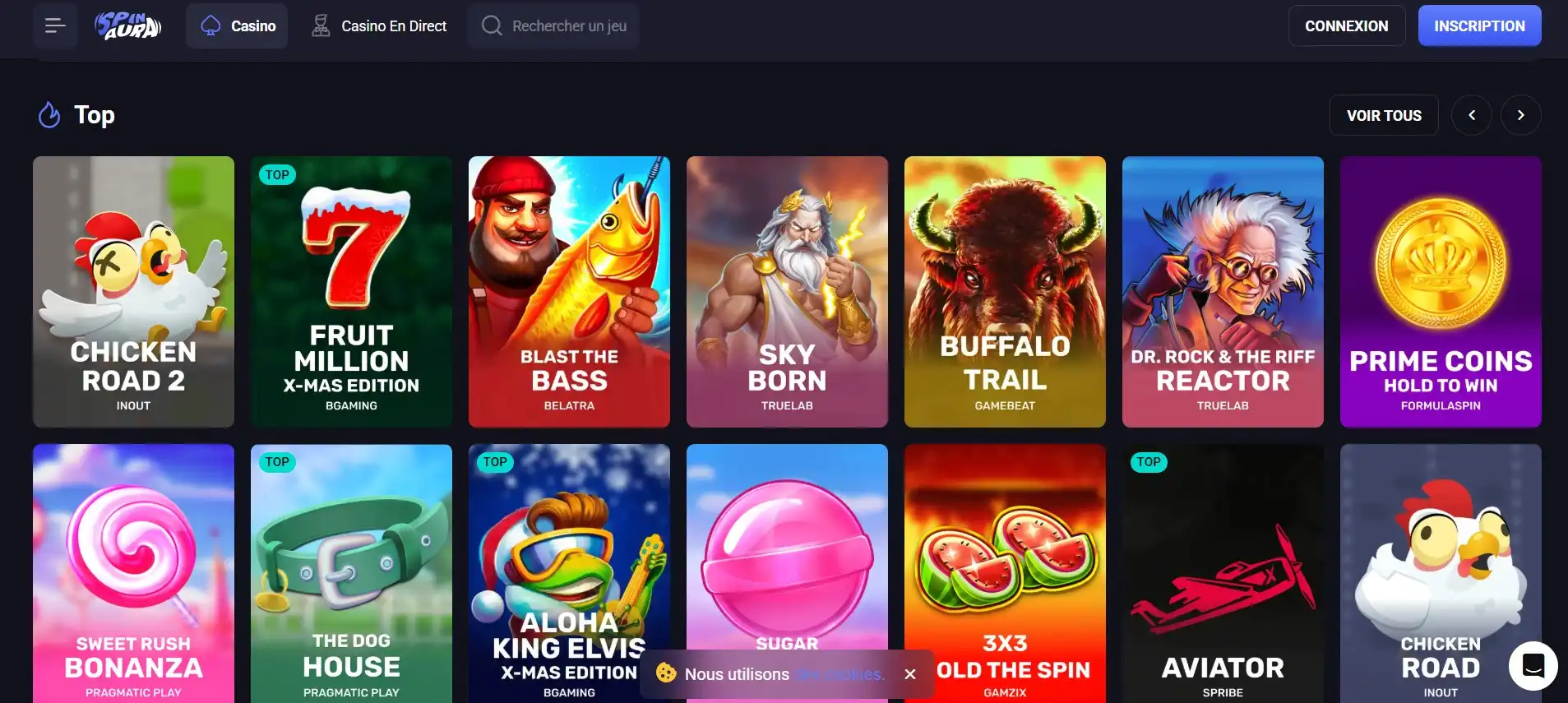 Ludothèque et interface principale du casino SpinAura