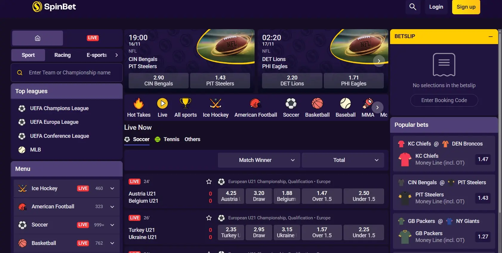 Section de paris sportifs sur le site de SpinBet Casino