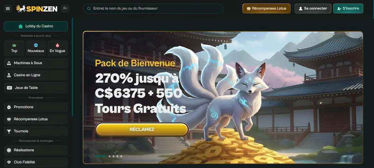 Lobby principal du casino en ligne Spinzen avec aperçu des jeux et des promotions disponibles.