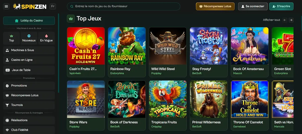 Sélection de machines à sous populaires sur le casino en ligne Spinzen pour les joueurs canadiens.