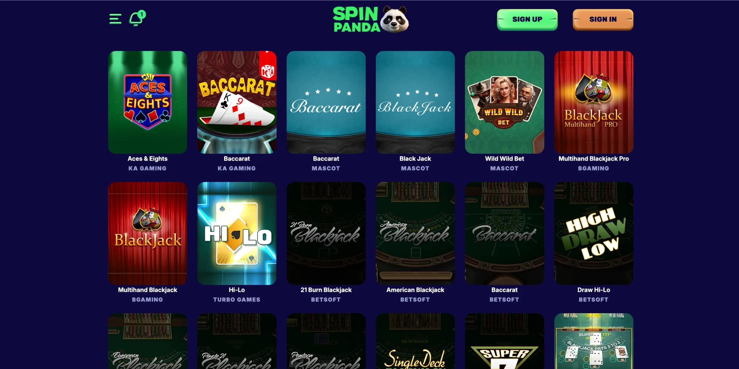 RNG table games at SpinPanda Casino including blackjack, baccarat, and poker variants