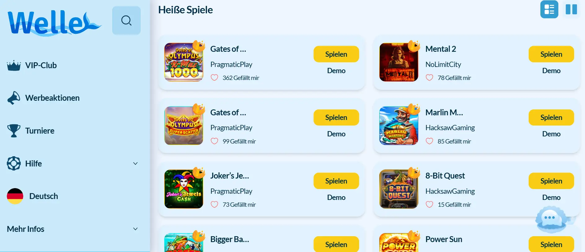 Übersicht der beliebtesten Spielautomaten und Casino-Spiele im Welle Casino