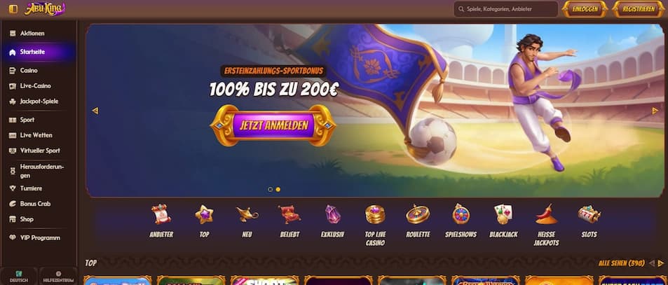 Abu King Casino Startseite mit Spielübersicht und Willkommensbonus