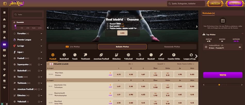 Abu King Casino Sportwetten-Bereich mit Fußball, Basketball und Tennis