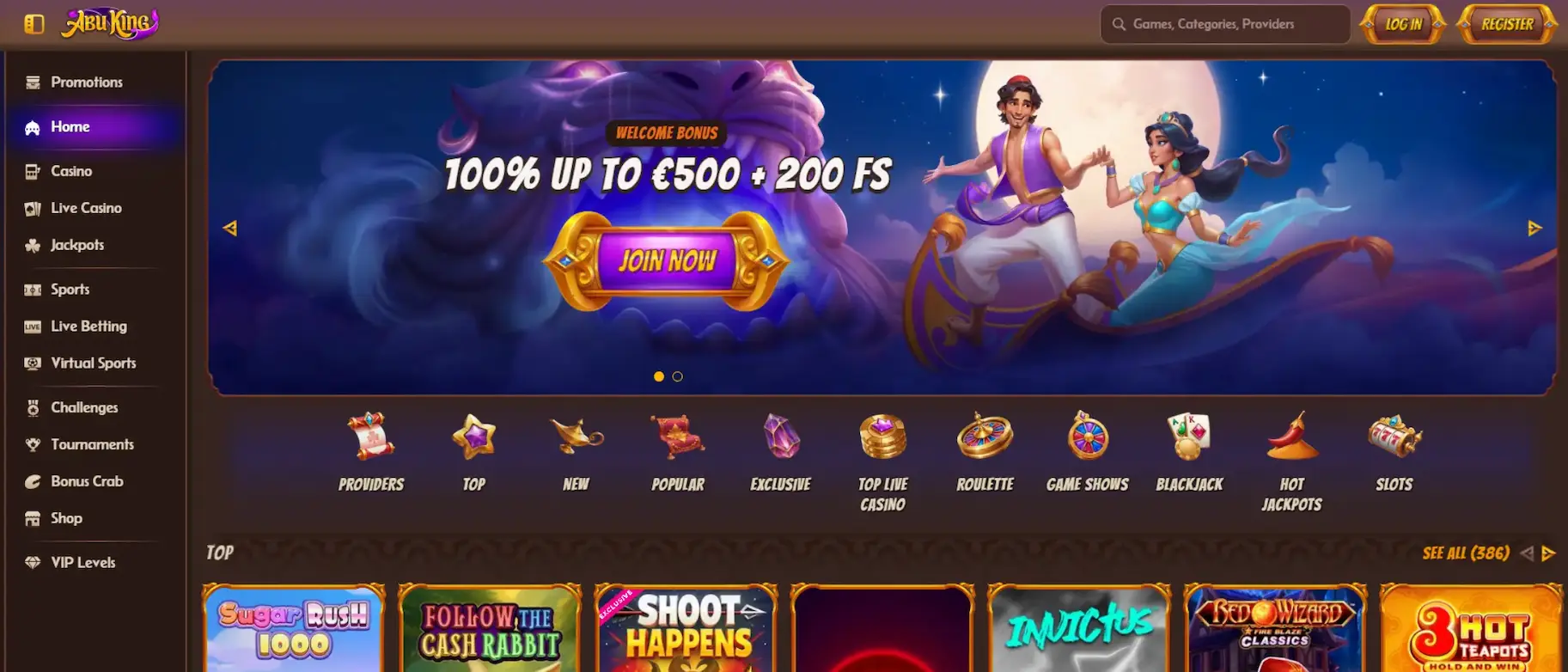 Abu King Casino homepage banner showcasing welcome bonus and game categories