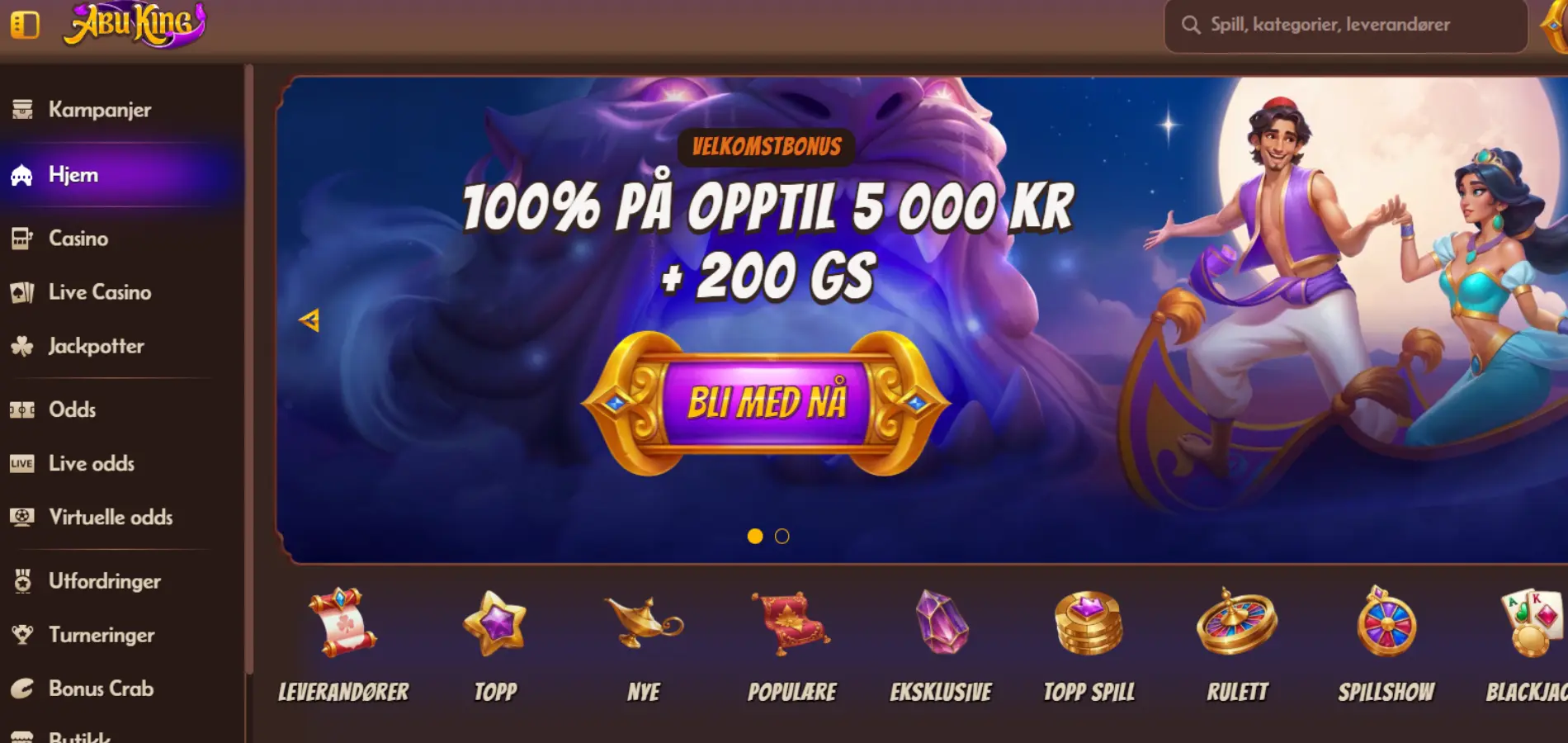 Abu King casino sin hjemmeside med navigasjonsmeny og Aladdin-inspirert teppe-scene i bakgrunnen.