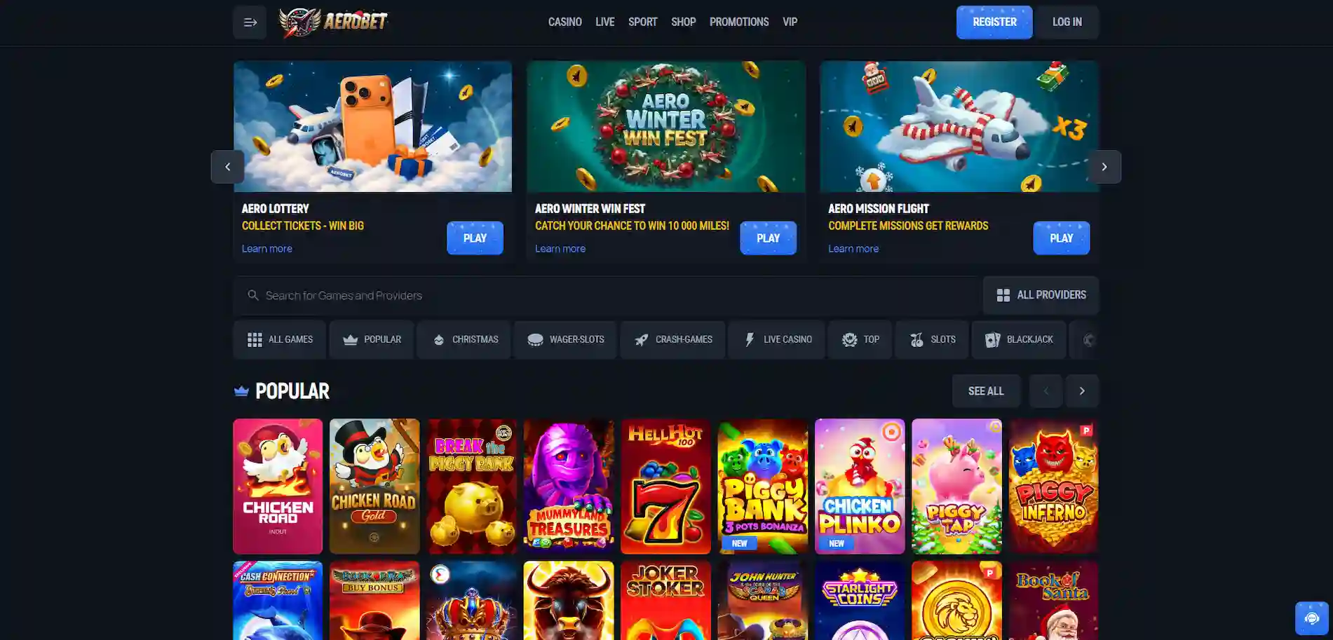 Aerobet Casino official homepage overview