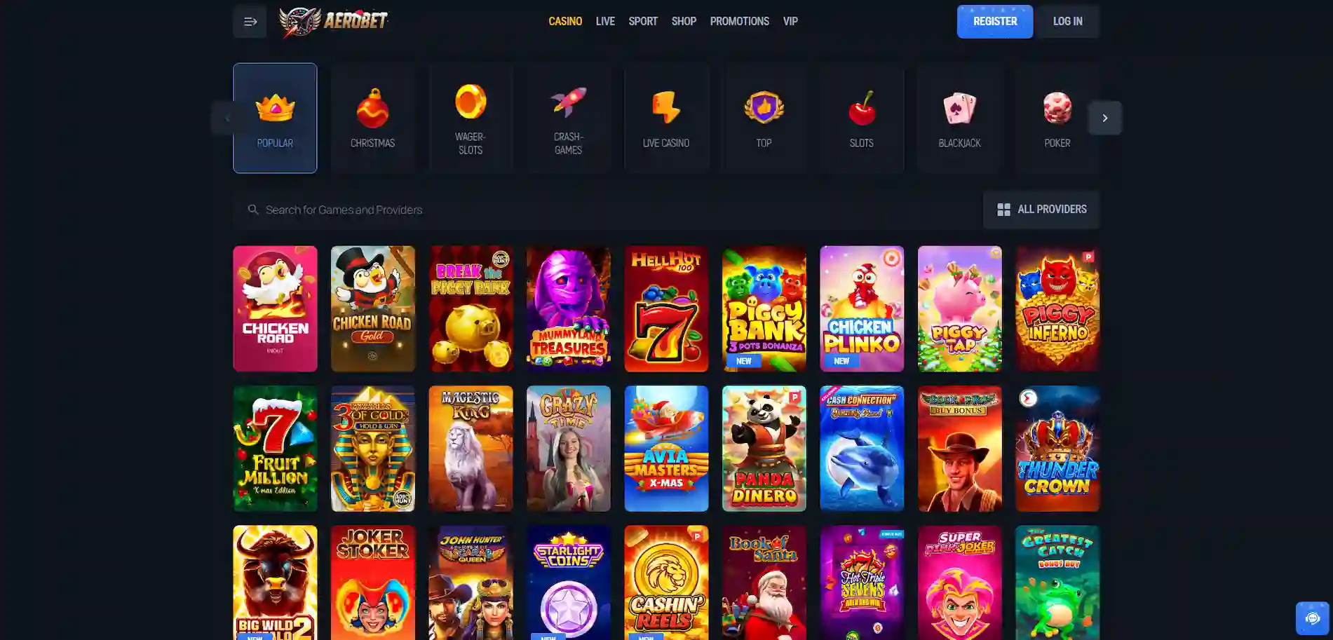 Aerobet Casino full slot games lobby overview