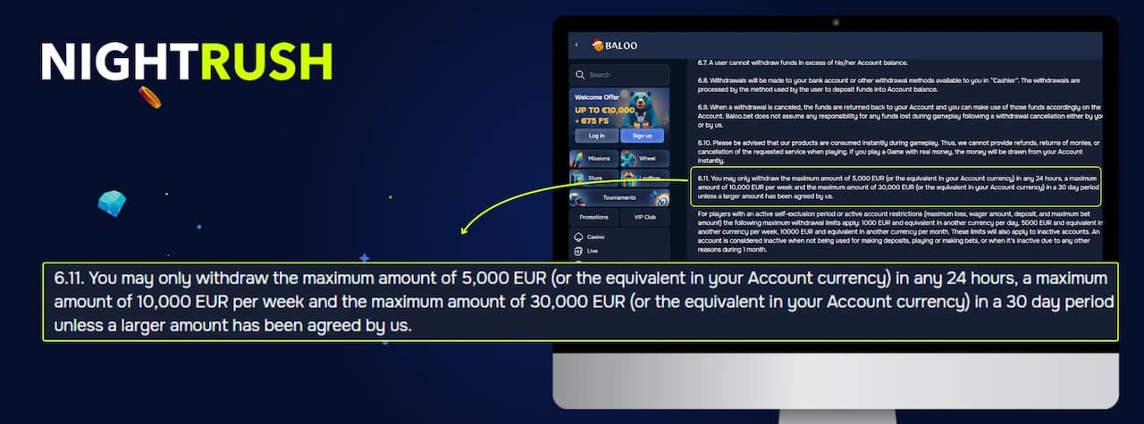 Baloo Casino terms and conditions page open on a monitor with section 6.11 highlighted in a callout box