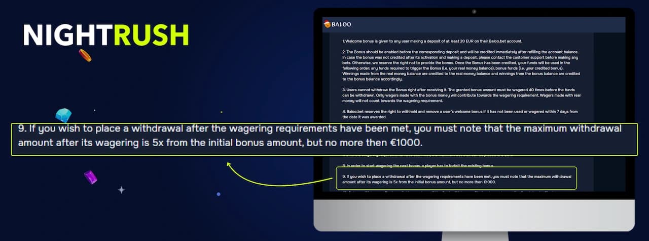 Baloo Casino bonus policy page shown on a monitor with section 9 highlighted in a callout box