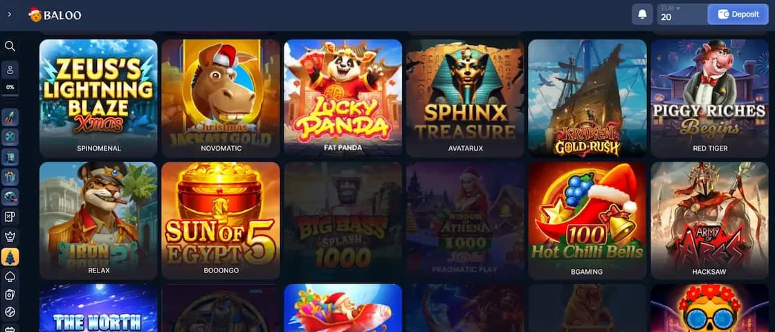 Overview of Baloo Casino's game lobby and selection