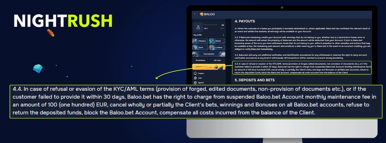 Baloo Casino KYC verification page shown on a desktop monitor with section 4.4 highlighted in a callout box