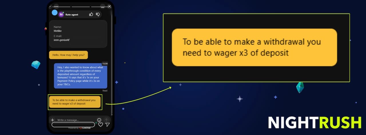 Baloo Casino live chat support displayed on a phone screen with a callout box confirming the 3x wagering requirement