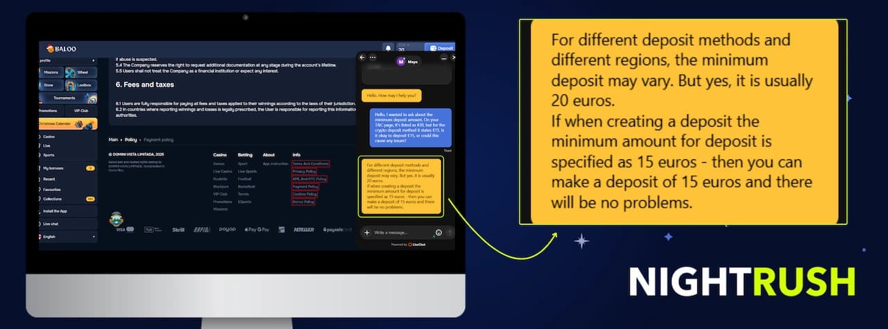 Baloo Casino displayed on a monitor with a callout box highlighting a live support chat conversation
