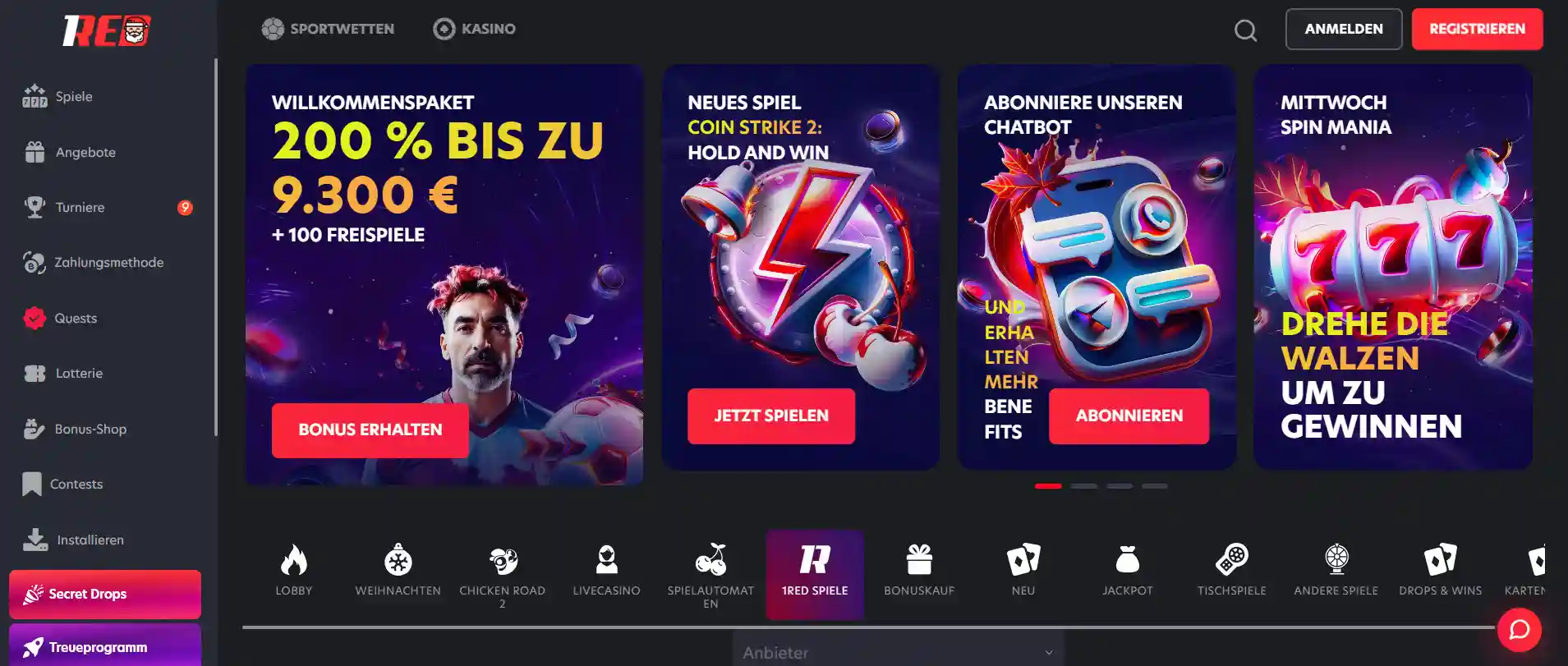 Startseite des 1Red Casinos mit dem aktuellen Willkommenspaket