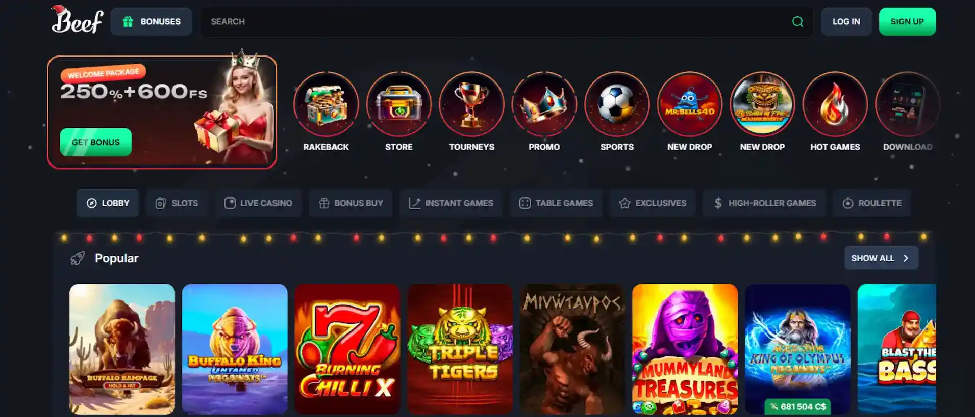 Beef Casino game lobby showcasing available titles for Canadian players