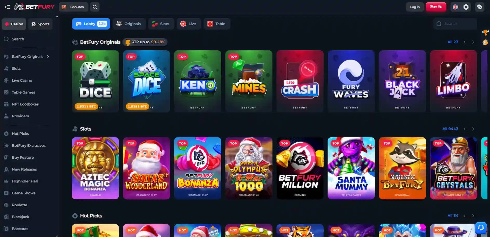 BetFury Casino slots lobby showing thousands of available game titles