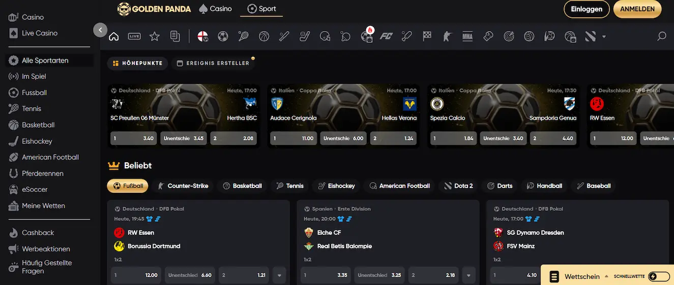 Golden Panda Casino Sportwetten Seite mit Wettmärkten