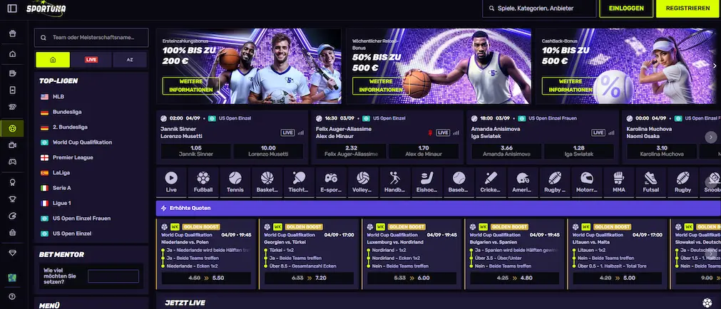 Sportuna Webseite mit Live-Sportwetten und aktuellen Wettmärkten