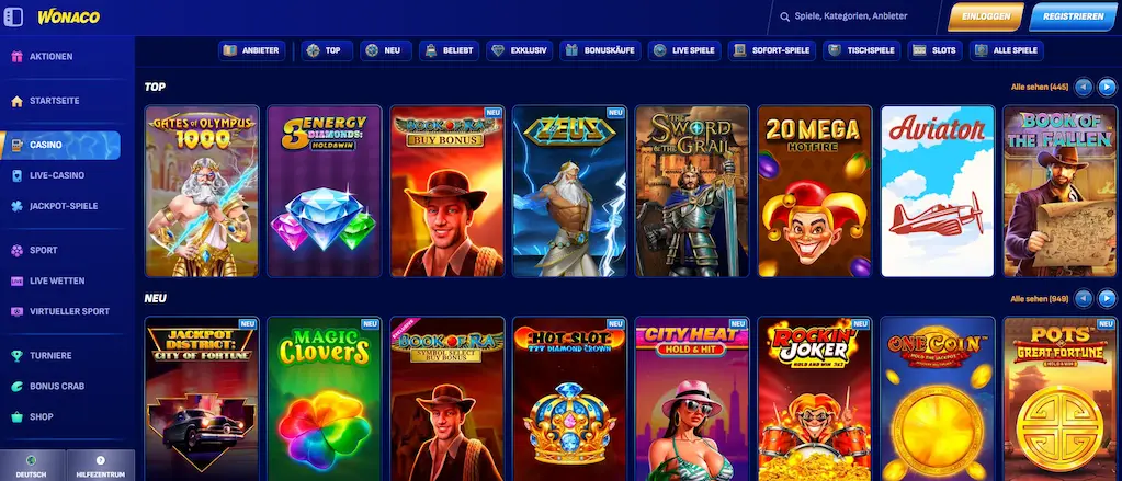 Wonaco Casino Webseite mit einer Auswahl der beliebtesten Spielautomaten